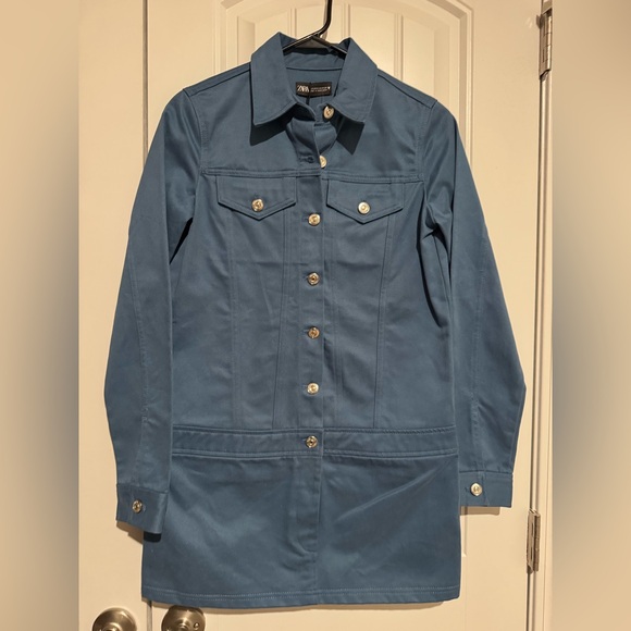 ZARA Women’s Blue Button Front Shirt Dress Long Sleeve w/ Pockets – Size XS - Picture 4 of 9